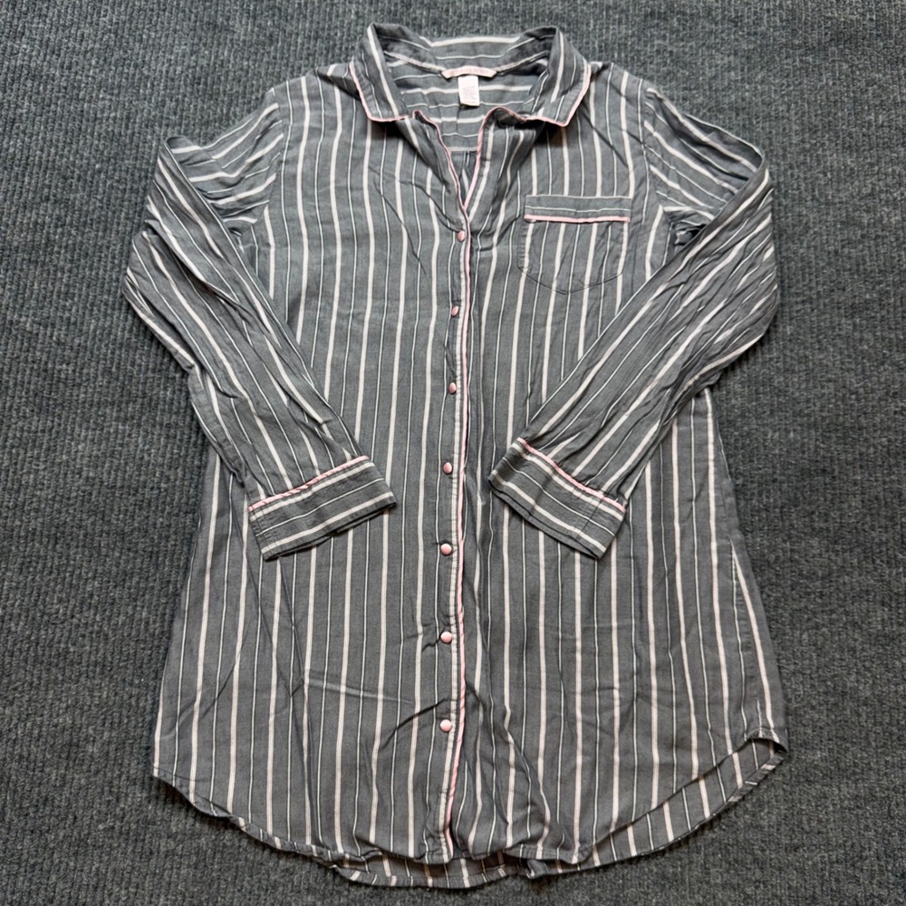 Victorias Secret Womens Medium Gray Pink Striped Button Down Sleep Shirt Pajamas